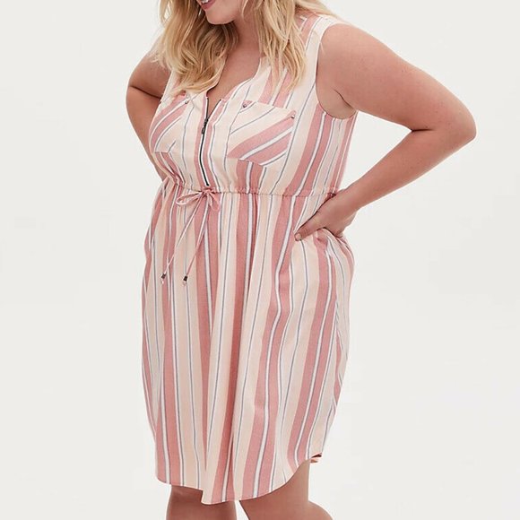 torrid Dresses & Skirts - New Torrid Red & Ivory Stripe Challis Zip Front Drawstring Shirt Dress
